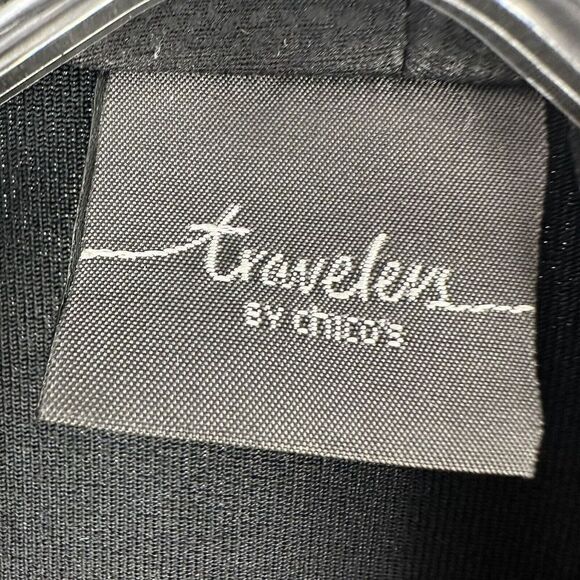 Chicos Travelers Jacket Black Faux Leather Draped Open Front 00 US XS 3/4 Sleeve - Picture 9 of 12